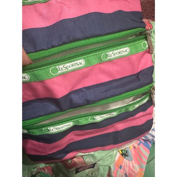LeSportsac Kasey Rugby Stripe Pink Navy Green  Nylon Crossbody - Picture 2 of 5